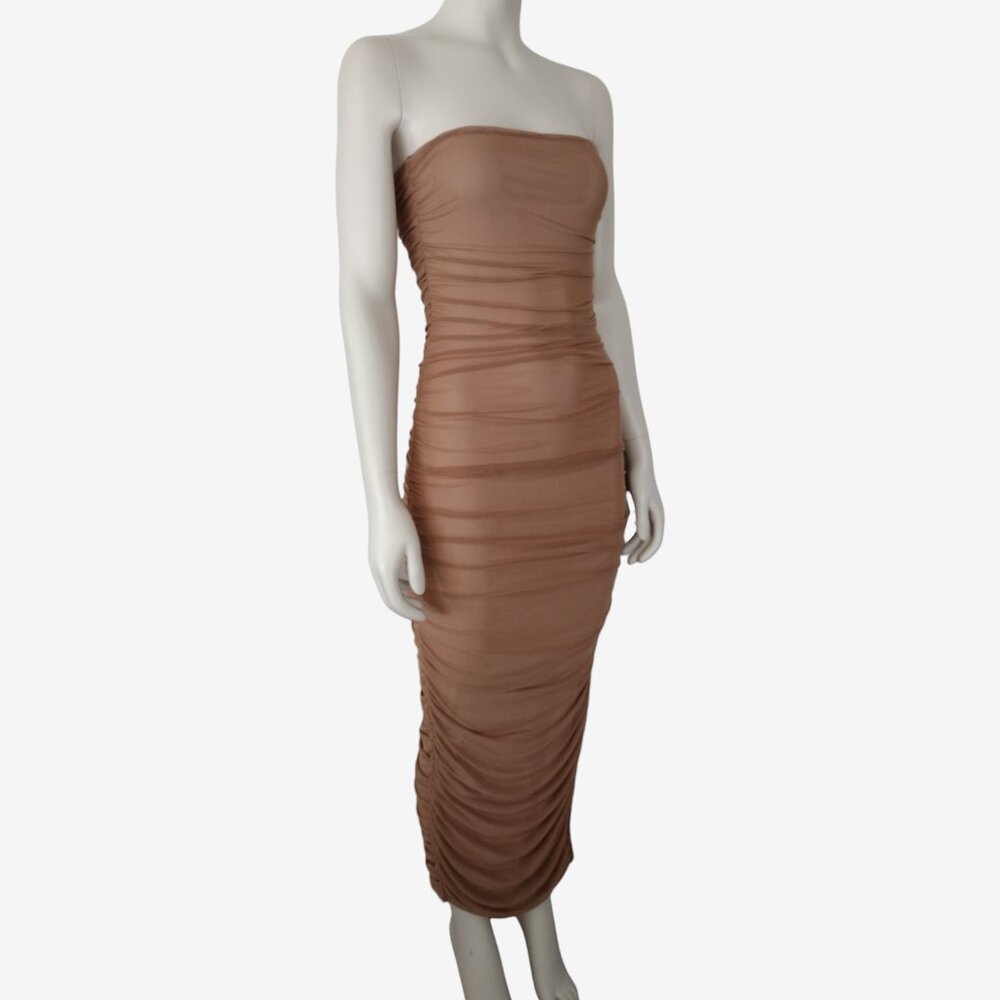 Fashion Nova Tan Mesh Ruched Side Slit Maxi Tube Dress Size S - Picture 2 of 13